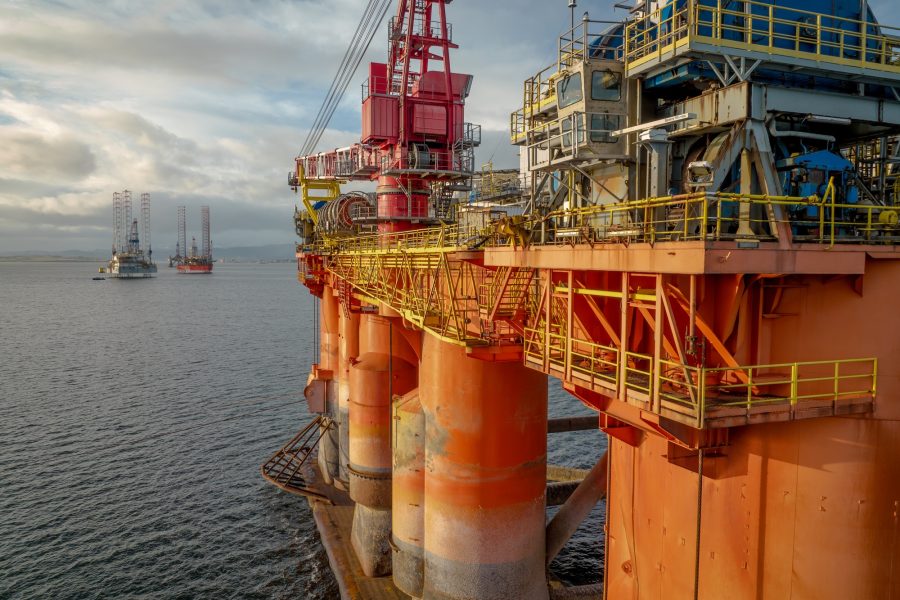 Sunset View of an Oil and Gas Rig and Platform at Sea